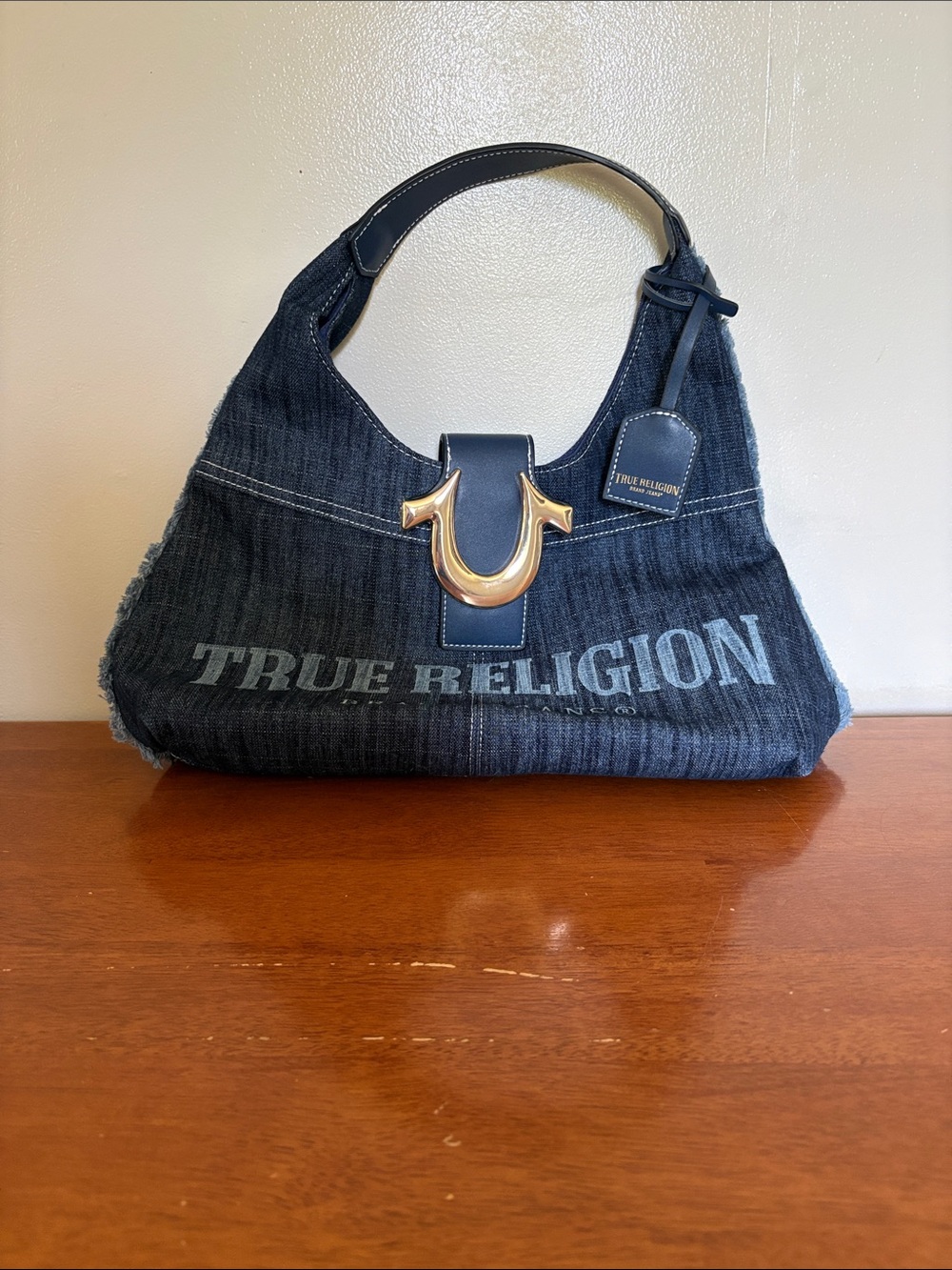True Religion Dark Denim Hobo with Gold Horseshoe Accent